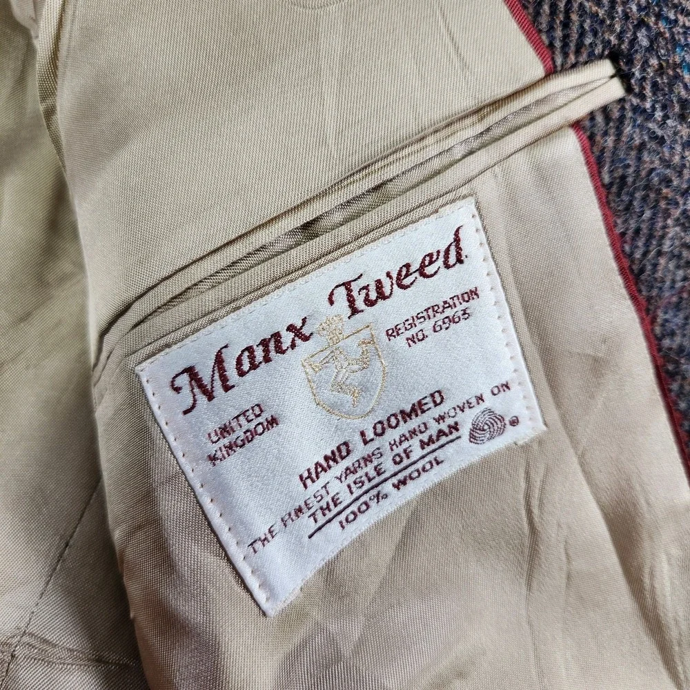 Vintage Manx Tweed Blazer Men 46 Herringbone Handwoven Wool Leather Button‎